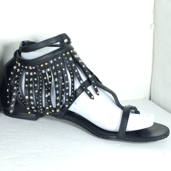 Saint Laurent Women's US8,5 EU39 Black Leather Studded Fringe Gladiator Sandals - Picture 7 of 16
